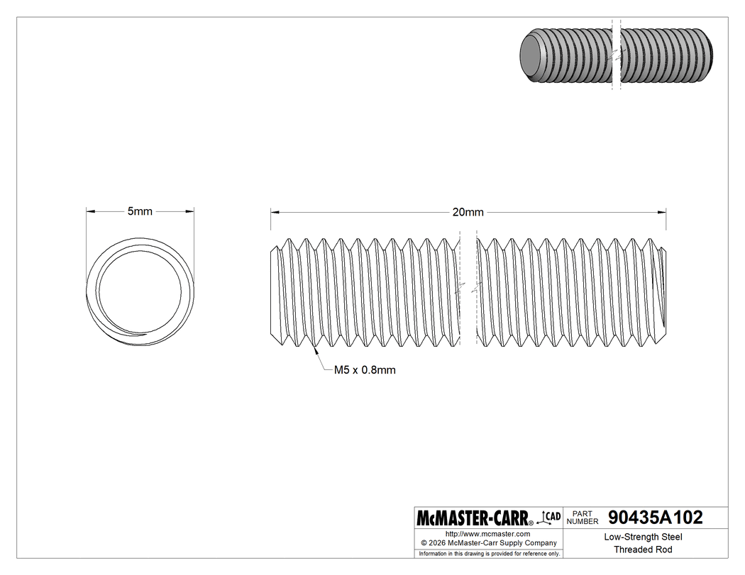Technical Drawing of Low-Strength Steel Threaded Rod, M5 x 0.8 mm Thread Size, 20 mm Long.